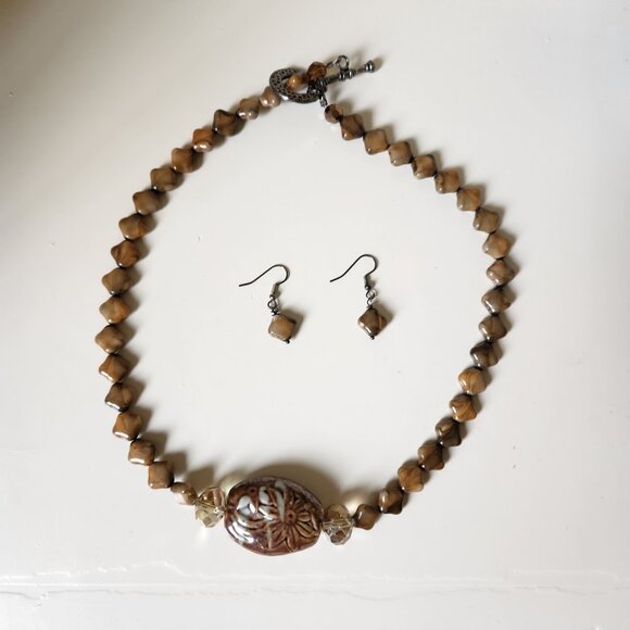 Artisan Beaded Necklace & Earring Set | Earth Tones | Toggle Clasp - Picture 1 of 10